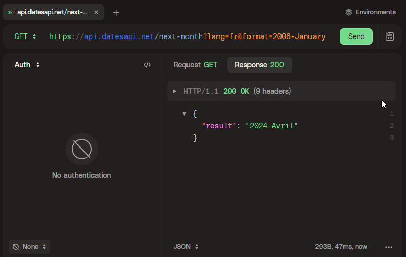 Screenshot of a HTTP GET request to DatesAPI